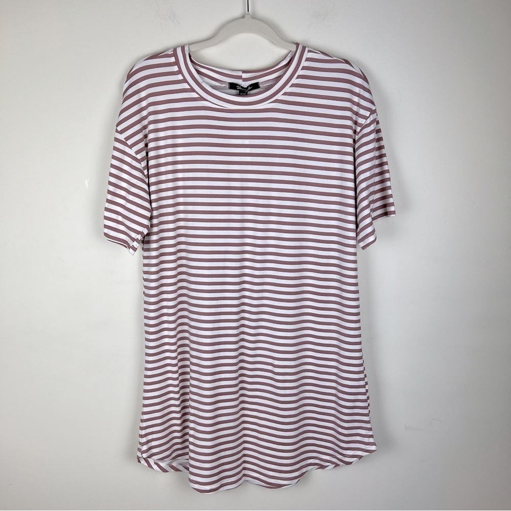 Yana K | Stretchy Comfy Brittany Tunic Top Dress Mauve Ivory Stripe | One Size - Picture 3 of 9